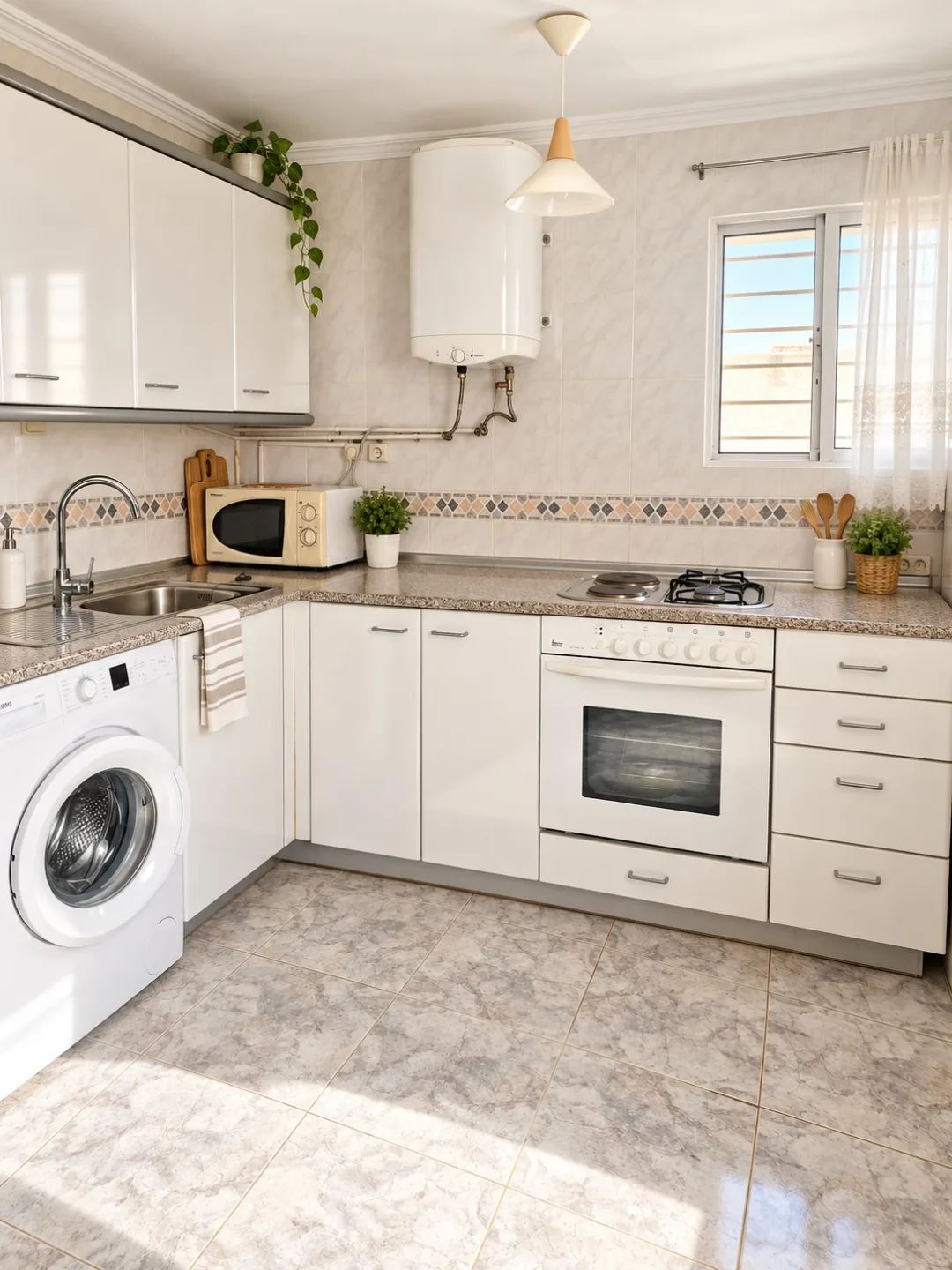 Cocina de Casa Plenas con horno, microondas y lavadora