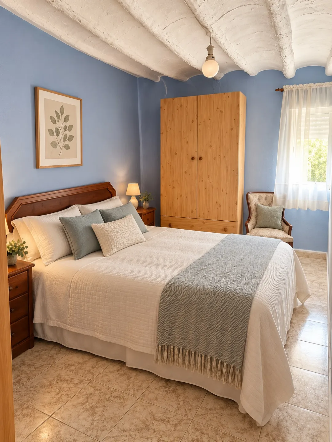 Dormitorio superior de paredes azules con cama de matrimonio